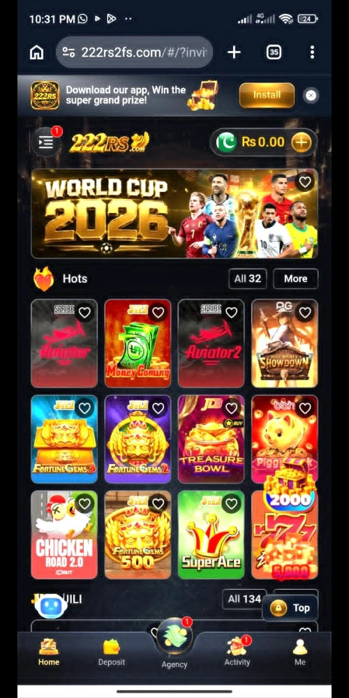 the image show the home screen of 222rs game and imformation about various games are available in one platform.
