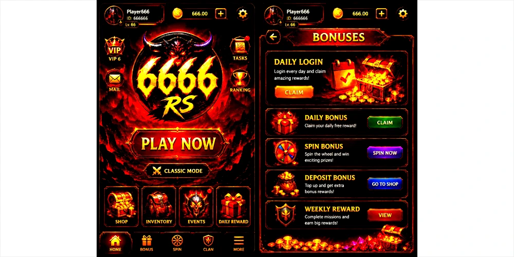 "Dark fantasy-themed 666RS game interface showing a fiery home page and bonuses screen. The home page features a large 666RS logo with a demon-themed design, a prominent 'Play Now' button, VIP section, tasks, ranking, shop, inventory, events, and daily rewards. The bonuses page displays multiple reward options including Daily Login Bonus, Daily Bonus, Spin Bonus, Deposit Bonus, and Weekly Rewards, with gold coins, treasure chests, gift boxes, and glowing red-and-gold visual effects. The overall design uses black, red, and gold colors with a premium gaming aesthetic."