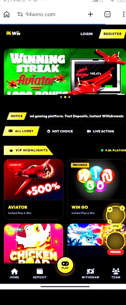 94Win Game login home screen with gaming options, rewards, and user-friendly interface