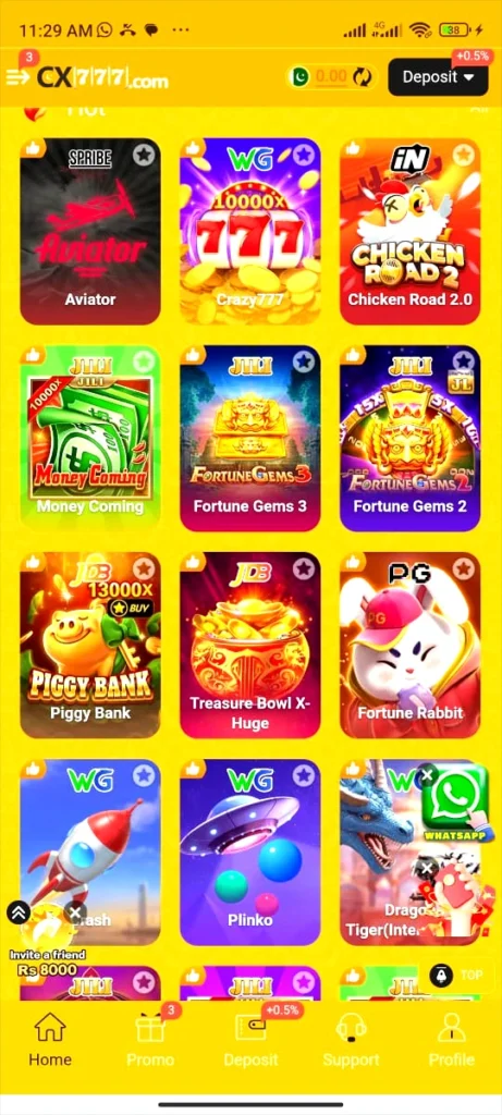 CX777 Game home screen with gaming options and bonus features and login