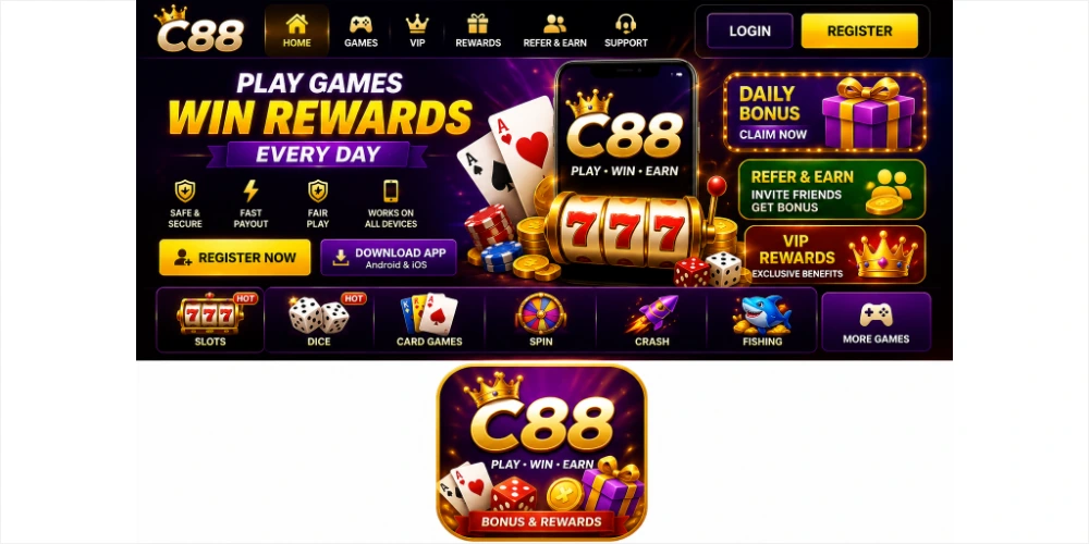 C88 Game home banner showing casino-style games, rewards, bonuses, cards, dice, and spin features.