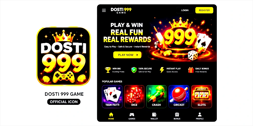 Dosti 999 Game homepage interface with featured games, rewards, and mobile-friendly navigation.