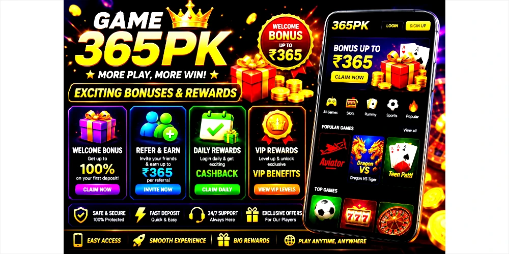 the image show the home screen and bonuses reawards of game 365 pk