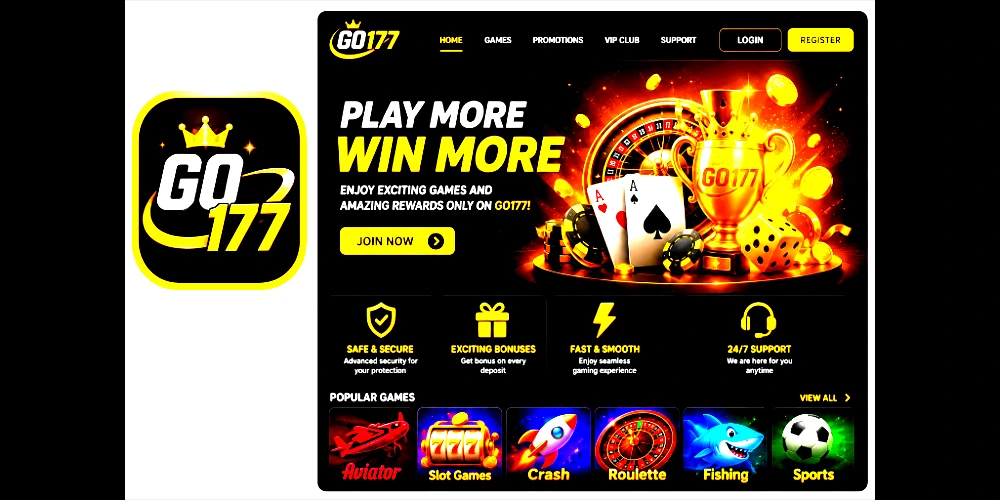 GO177 gaming platform homepage showing bonuses rewards and casino style interface