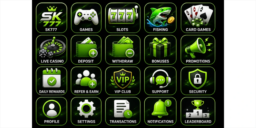 SK777 Game mobile app home screen with slots and card games