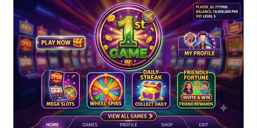 1ST Game home screen showing welcome bonus, popular games, VIP section, wallet balance, and user dashboard interface.