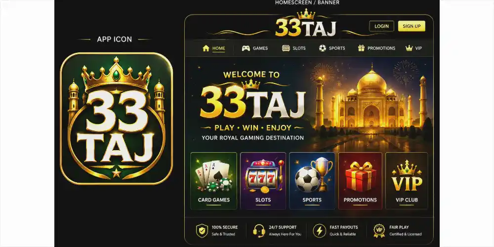 33TAJ app homepage featuring luxury gold theme, navigation menu, promotional banners, and gaming categories.