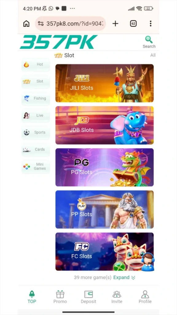 357PK Android app promotion home screen showing game categories, slot games, and mobile interface
