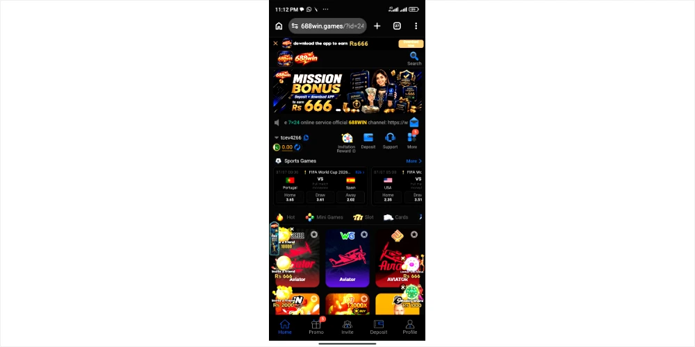 688WIN Game home screen showing the main dashboard and gaming options