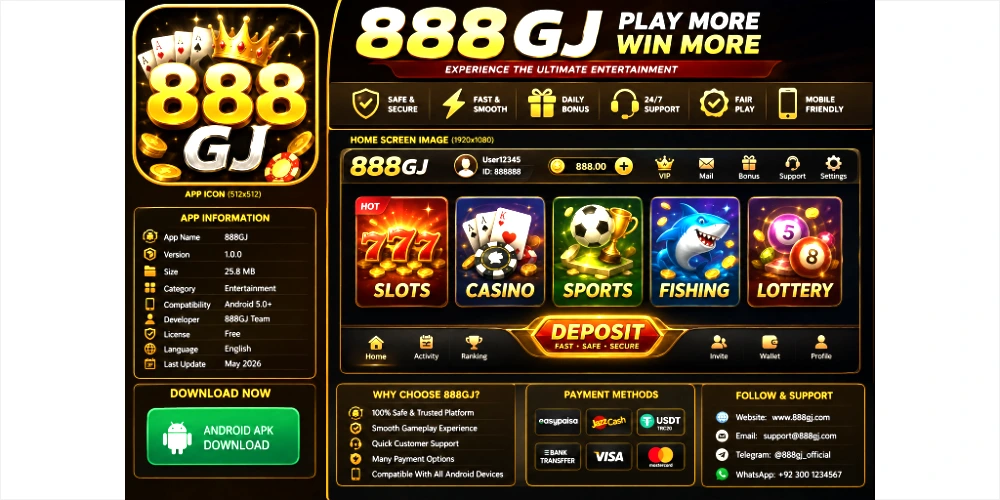 888GJ home screen interface showing the app dashboard, navigation menu, and entertainment categories.