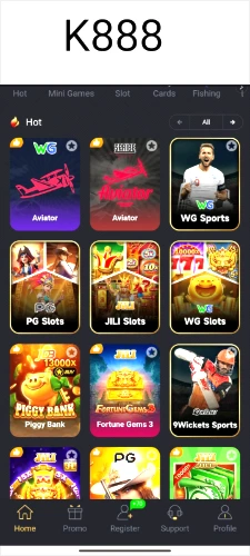 K888 Game APK download home screen showing dashboard, game categories, promotions, and Android interface