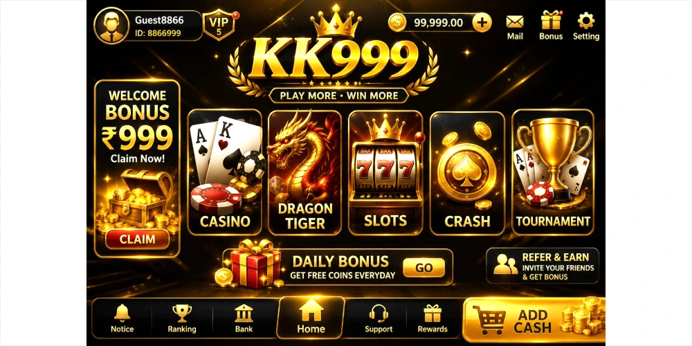 KK999 Game home screen showing Android mobile gaming interface and features