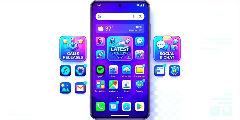 A modern Android app store categories screen showing a smartphone with a curated homepage and separate floating app group icons for 'Game Releases' and 'Social & Chat' on a clean background.