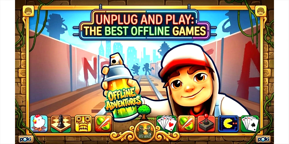  colorful graphic banner for "The Best Offline Games" showing a cartoon character, a spray can labeled "Offline Adventures," and various game icons.