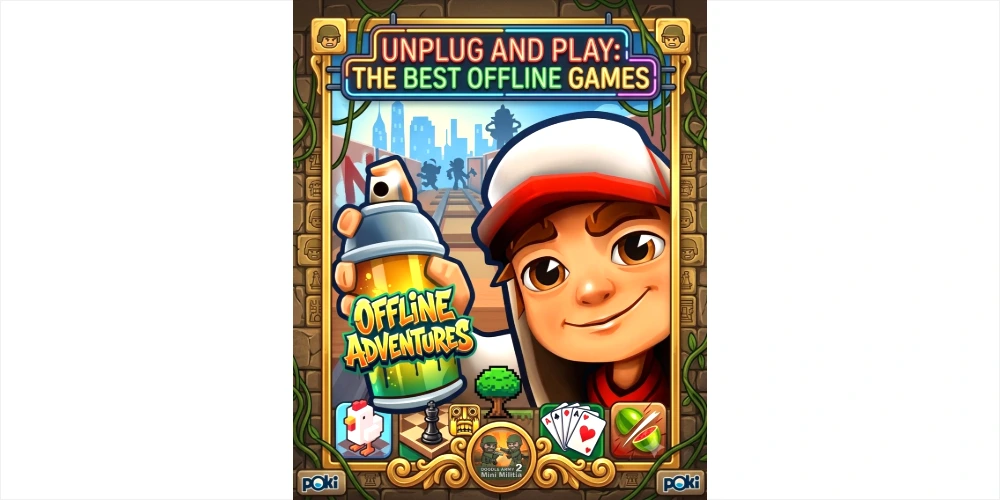 A colorful blog header illustration for "Best Offline Games," featuring popular mobile game icons like Subway Surfers, Crossy Road, and Mini Militia in a jungle temple frame.