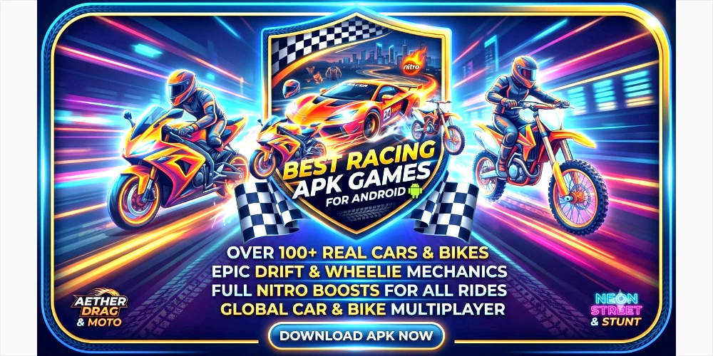 best-racing-apk-games-android.png
*Alt Text:* A high-quality banner with "Best Racing APK Games for Android" title in a shield, featuring a red sports car and motorcyclists speeding through a neon city at night. Below, it lists "OVER 100+ REAL CARS & BIKES" and other features, with a "DOWNLOAD APK NOW" button.