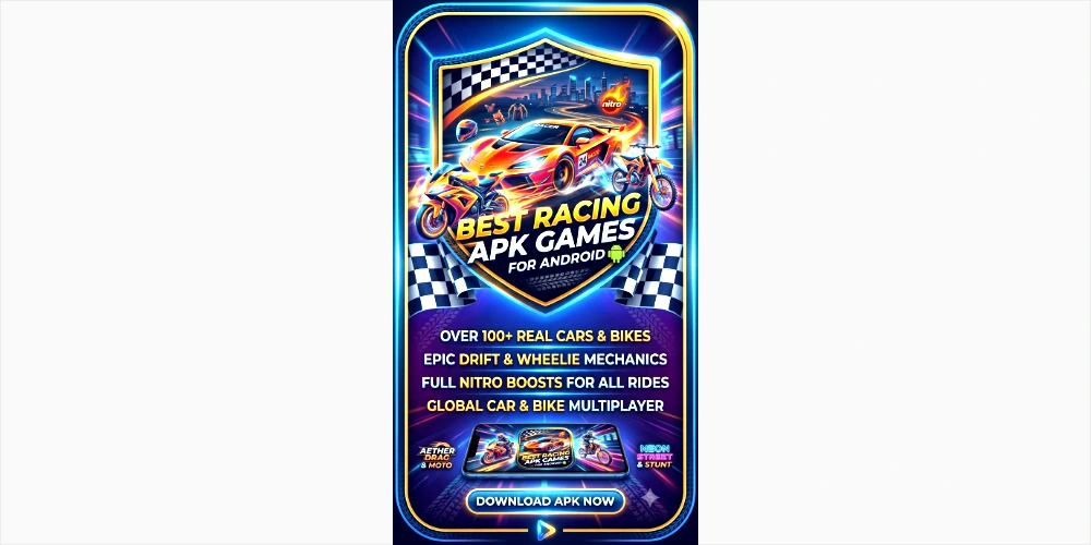 Best Racing APK Games for Android - A vibrant poster showcasing sports cars and motorcycles in action, featuring the best racing APK games for Android