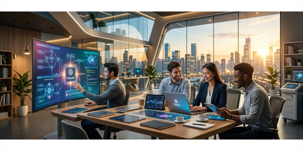 A diverse team of professional data analysts and developers collaborating in a modern, high-tech office overlooking a city skyline at sunset. A man interacts with a large, curved digital touchscreen displaying data flowcharts labeled "Claude", while others work on laptops and tablets at a wooden conference table.