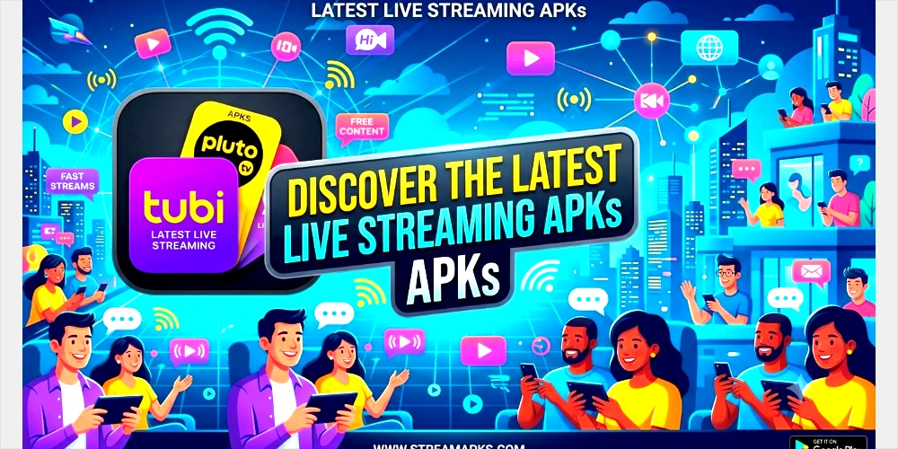 A colorful digital banner promoting live streaming APKs, featuring logos for Pluto TV and Tubi, the headline "DISCOVER THE LATEST LIVE STREAMING APKs," and diverse people using devices in a futuristic cityscape.
