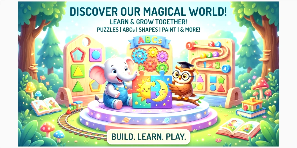 A vibrant banner promoting educational games for kids, featuring a friendly cartoon elephant and an owl holding puzzle pieces in a magical forest setting, perfect for free puzzle games for kids APK.