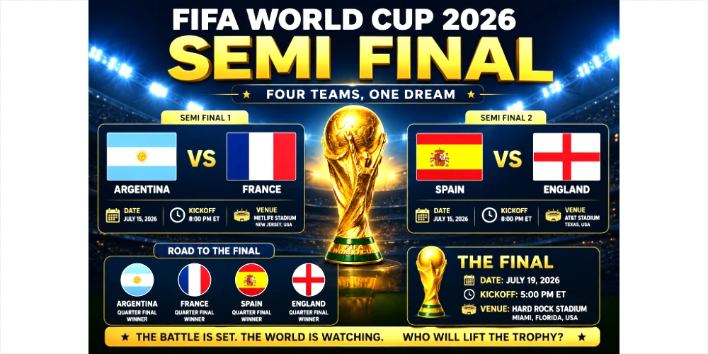 FIFA World Cup 2026 semi-final schedule featuring today's matches, kickoff times, venues, and the World Cup trophy