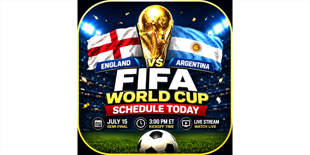 FIFA World Cup schedule today July 15 home screen image a football trophy and stadium lights
