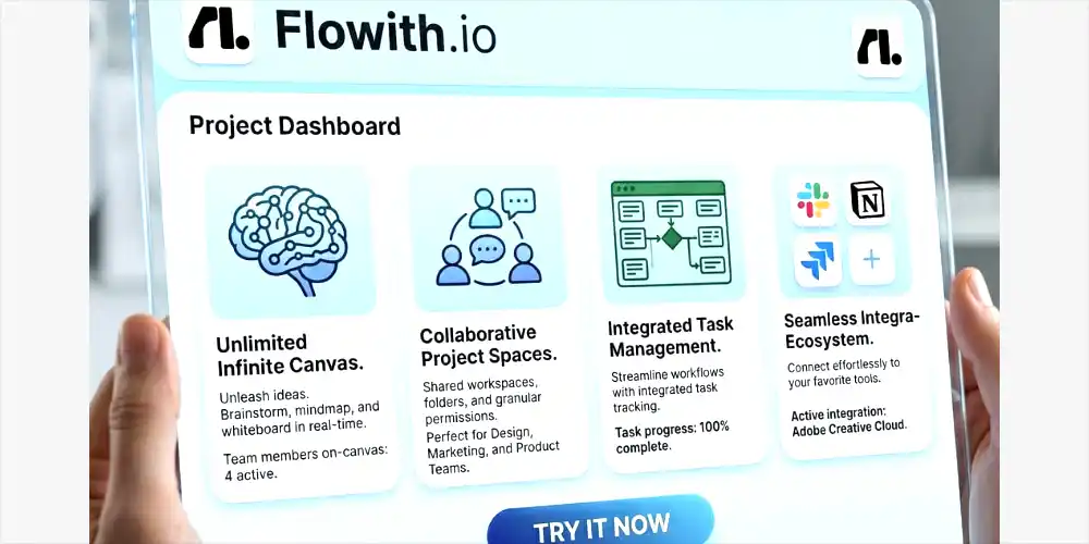 A close-up photograph of a person holding a transparent, glass-like digital tablet. The tablet displays the UI for "Flowith.io." 