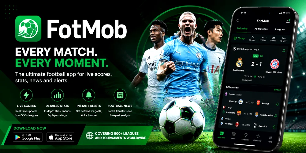 FotMob promotional banner featuring live football scores, match statistics, transfer news, instant alerts, football players, and a mobile app interface displaying real-time football updates.