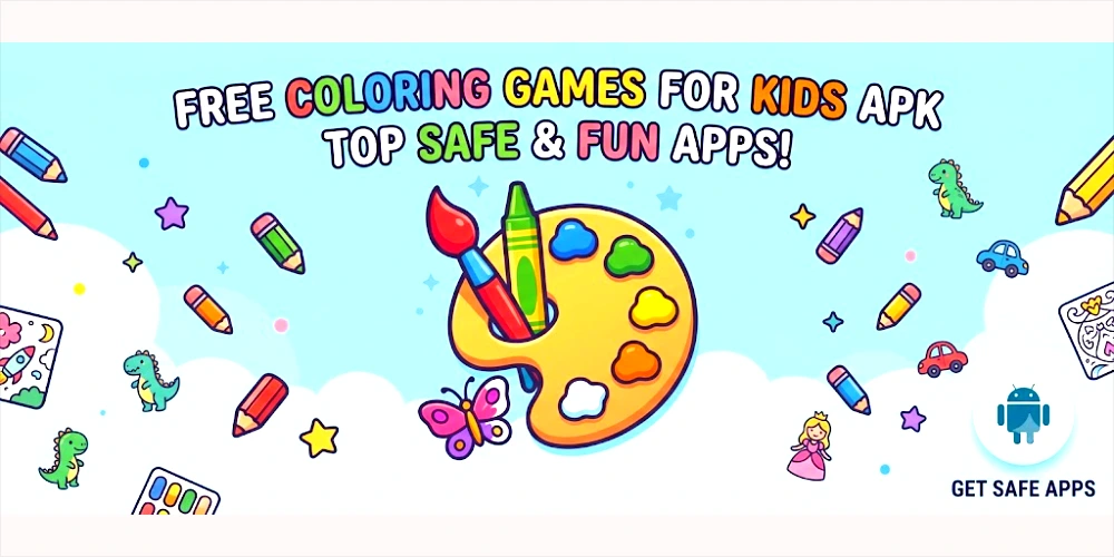 Wide horizontal header banner with playful text reading FREE COLORING GAMES FOR KIDS APK TOP SAFE & FUN APPS with art supplies, stars, and small animal drawings.