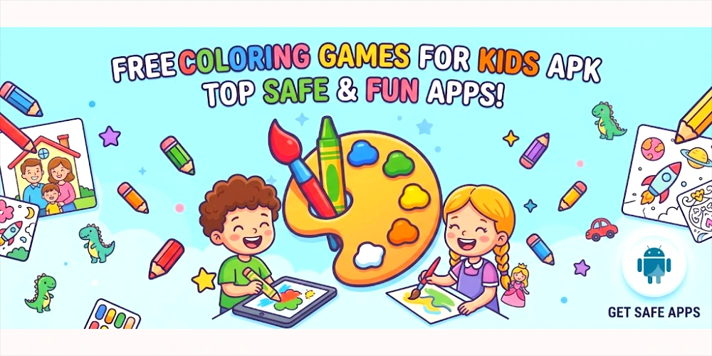 Banner for free coloring games for kids APK showing happy cartoon children drawing on a tablet and paper with a paint palette, pencils, and Android icon.