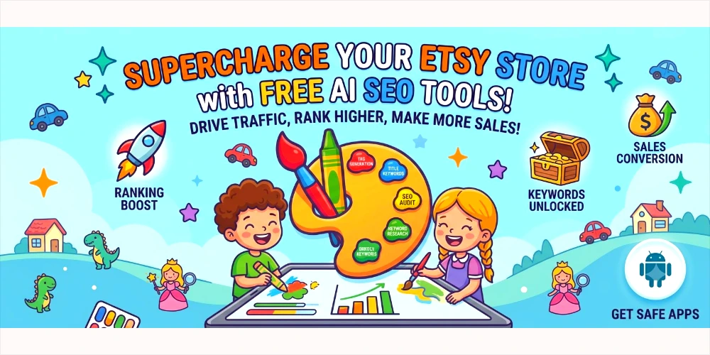 Banner for Free Etsy SEO AI Tools showing cartoon kids drawing on a tablet with SEO badges, rocket ranking boost, and paint palette.