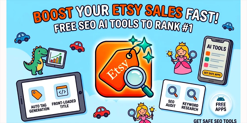 Homescreen image highlighting Free Etsy SEO AI Tools with tablet displays showing auto tag generation, front-loaded titles, and keyword research features.