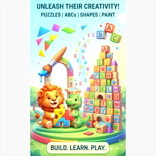A colorful promotional poster illustrating various free puzzle games for kids APK, featuring a cute cartoon lion and dinosaur with alphabet blocks and shapes.