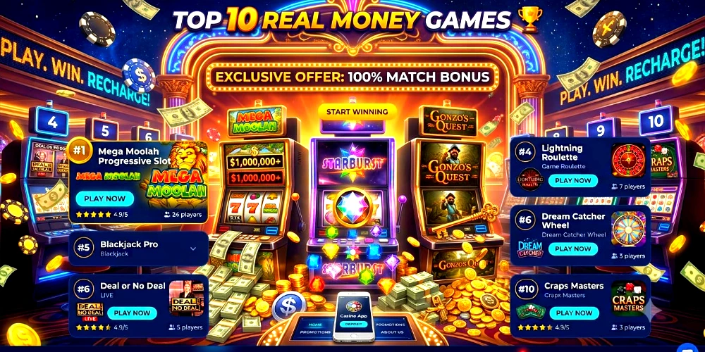 User interface for an online gaming platform showing a ranked list of top 10 real money gaming apps.