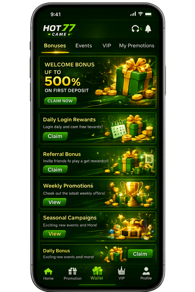Hot77 Game APK promotions screen showing welcome bonus, daily rewards, referral bonus, weekly offers, VIP rewards, and seasonal campaigns for Android users.