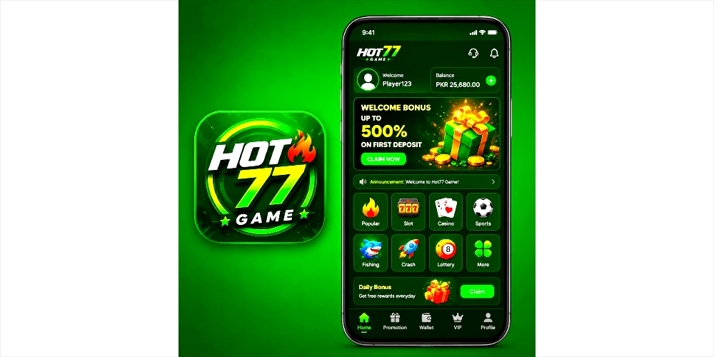 Hot77 Game APK home screen showing dashboard, promotions, game categories, and Android interface
