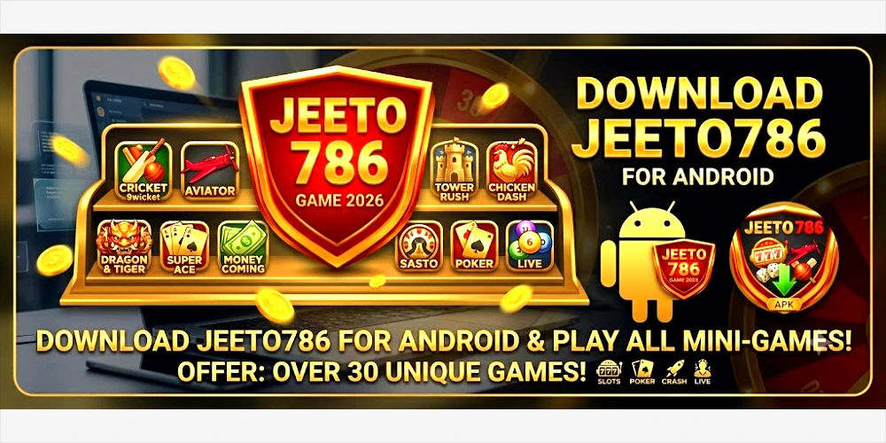 Download JEETO786 Game 2026 APK promotional banner featuring the gold and red shield, game icons, and gold coins