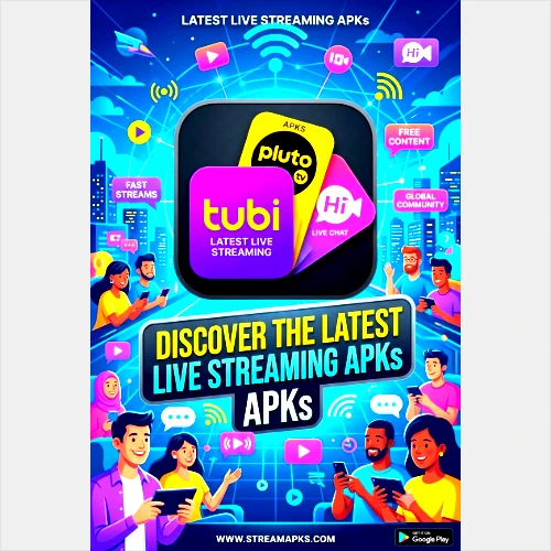  A promotional homescreen image for downloading the latest live streaming APKs, featuring the Tubi and Pluto TV logos, people using mobile devices in a digital cityscape, and the text "Discover the Latest Live Streaming APKs".