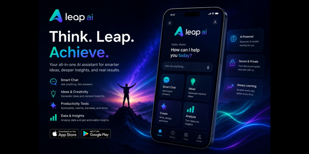 Leap AI home screen displaying an AI-powered assistant dashboard with smart chat, idea generation, content creation, productivity tools, and data analysis features on a modern dark-themed interface.
