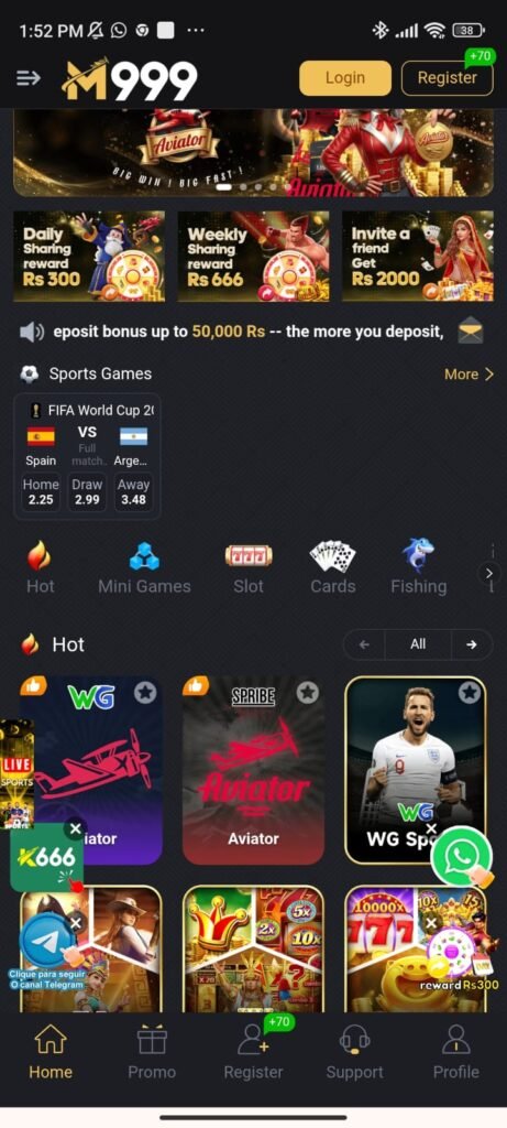 Game APK home screen showing dashboard and home area, promotions, wallet, and Android interface