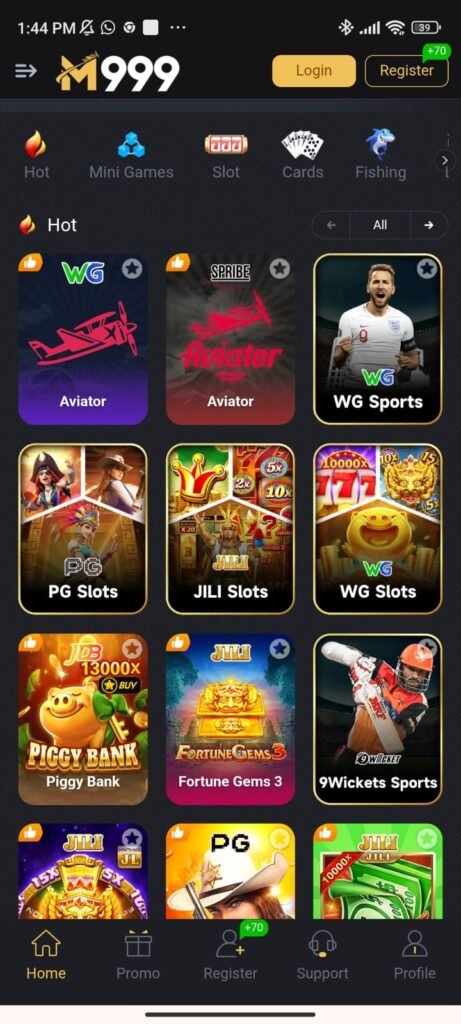 Game APK home screen showing dashboard, promotions, wallet, and Android interface