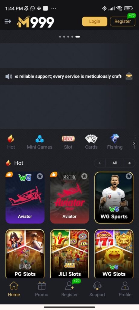 Game APK home screen showing login screen, promotions, wallet, and Android interface