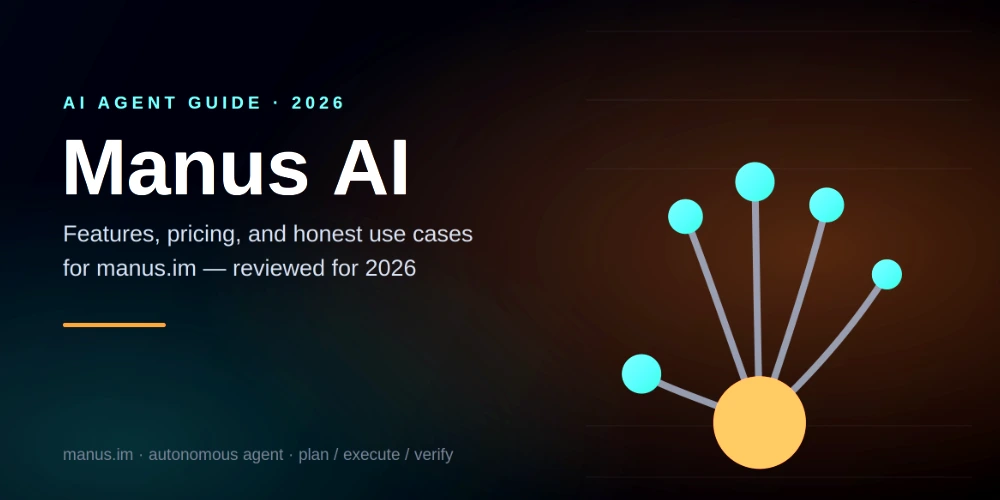 Manus AI blog header graphic: dark navy background with the "Manus AI" wordmark, subtitle "Features, pricing, and honest use cases for manus.im — reviewed for 2026," and an orange-and-teal node icon shaped like a hand on the right.