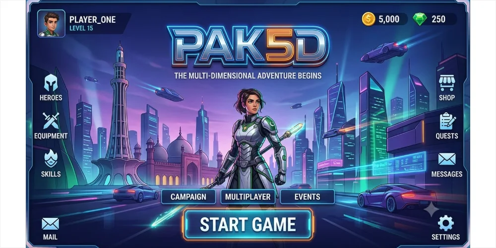 A detailed digital illustration of the 'PAK5D' game main menu. A female protagonist in futuristic cybernetic armor with a glowing spear stands in a multi-dimensional, neon-lit Lahore skyline, featuring futuristic landmarks based on Minar-e-Pakistan and Badshahi Mosque.