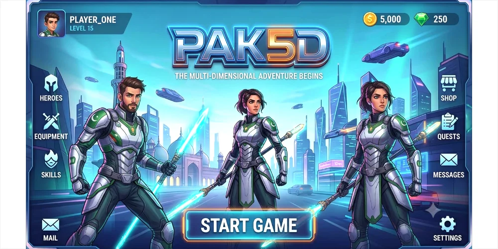 A detailed digital illustration of the home screen for the mobile game 'PAK5D'. The banner features three Pakistani heroes in matching green and white futuristic armored suits, holding glowing blue energy staffs, in a bustling cyber-cityscape with flying vehicles. The game title 'PAK5D' is prominently displayed at the top, along with various UI elements like player level, currency, and menu icons.
