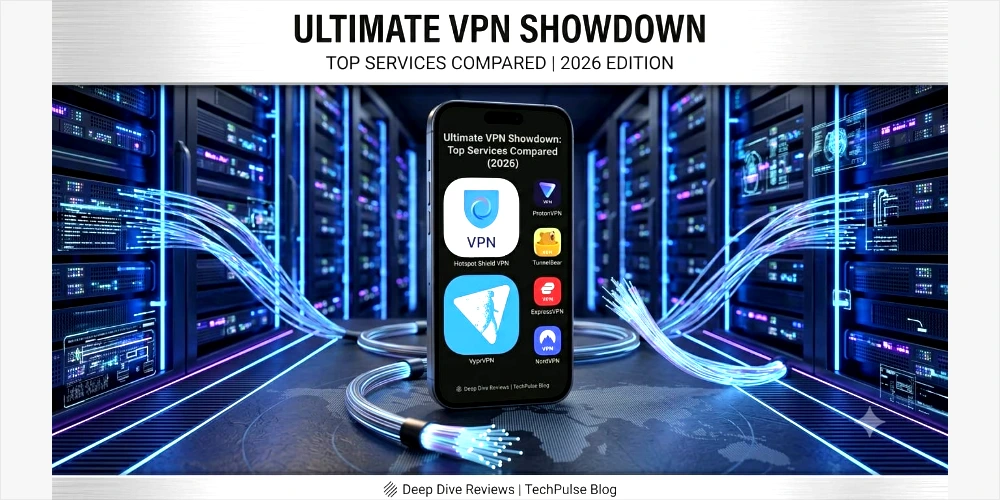 A futuristic server room featuring a central smartphone showing a Proton VPN comparison against other VPN services