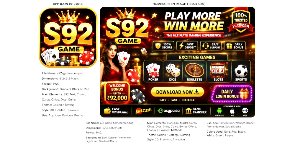S92 Game home screen with casino games bonus offers and secure login