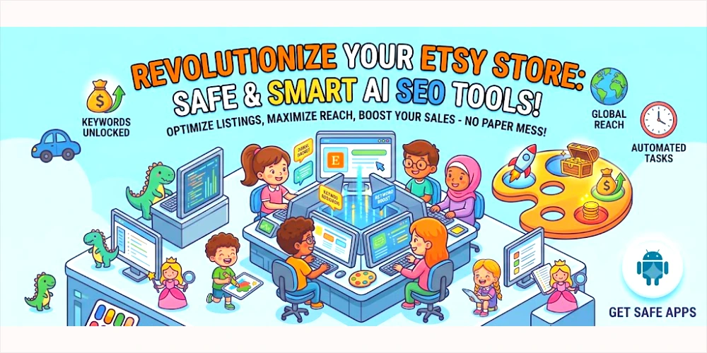 Isometric workspace illustration showing a team optimizing shop listings using Free Etsy SEO AI Tools for global reach and sales growth.