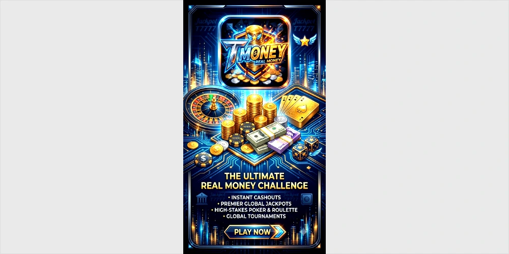 A futuristic, high-stakes casino game poster with gold and blue text reading 'T7777 REAL MONEY,' stacked gold coins, cash, a roulette wheel, and golden playing cards on a circuit-board cityscape background.