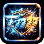 A vibrant app icon for the T7777 real money game, featuring bold metallic and gold "TMONEY REAL MONEY" typography centered over stacked gold coins, casino chips, and a glowing protective shield on a dark background